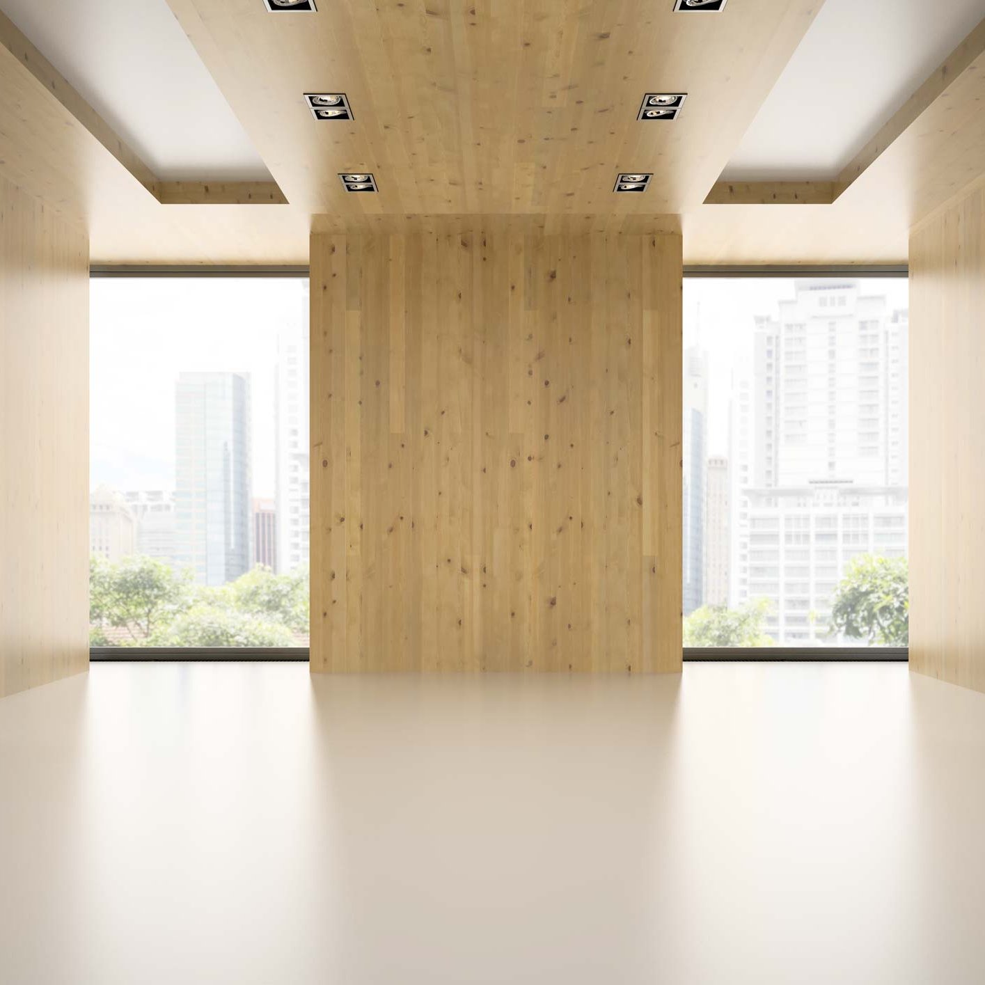 Wandpaneele und Deckenpaneele aus Holz in leerem Büroraum mit Fensterblick