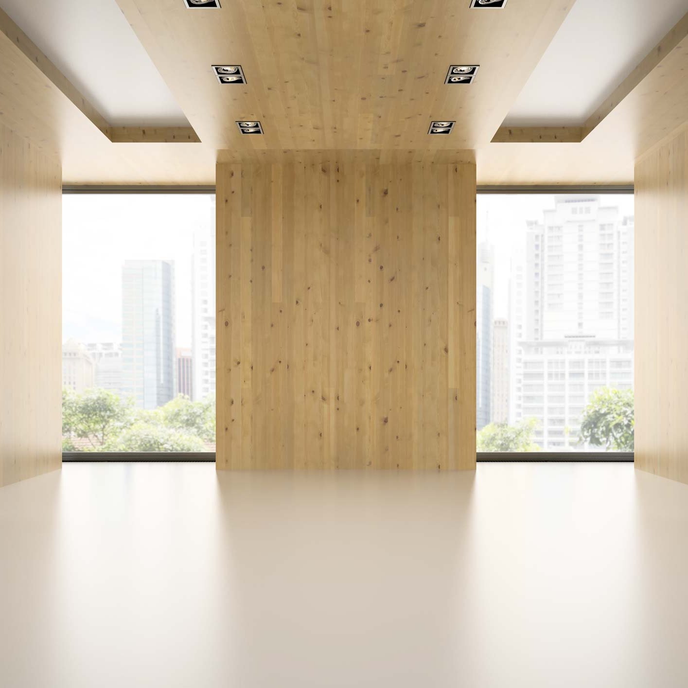 Wandpaneele und Deckenpaneele aus Holz in leerem Büroraum mit Fensterblick